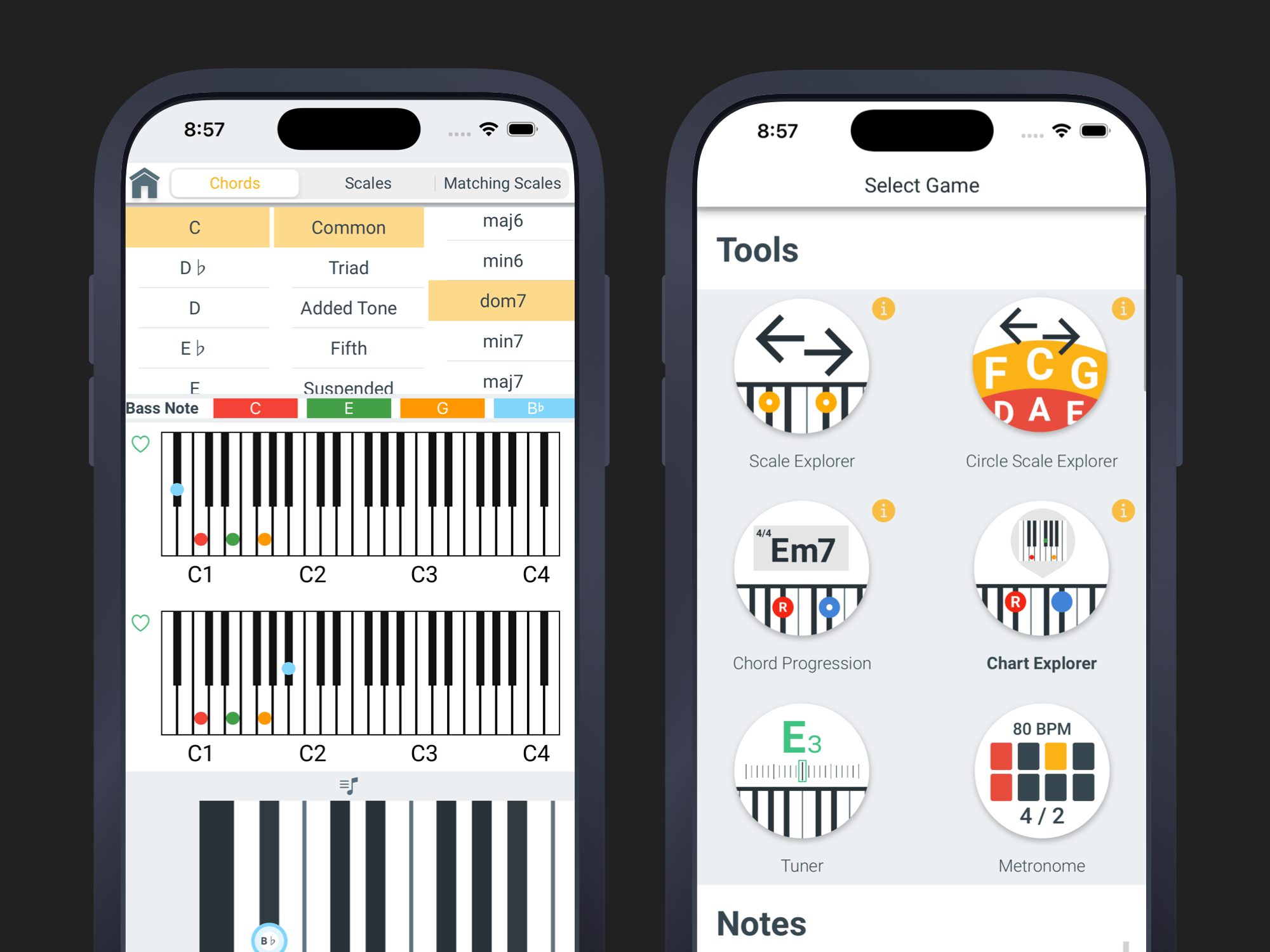 Scale explorer and chord pattern analysis in Pianolytics